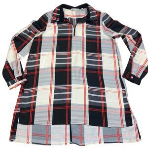 Patrizia Luca Black & Red Plaid Long Sleeve Tunic Shirt Dress Zip Collar Size S